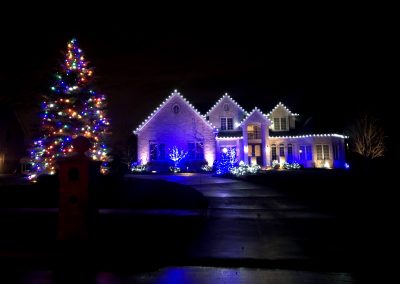 Home at night with blue holiday lighting on the facade and shrubs, plus a large outdoor tree decorated with multicolor Christmas lights.